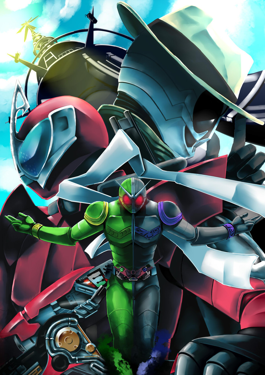 kamen rider double, kamen rider accel, and kamen rider skull (kamen rider and 1 more) drawn by donarudo