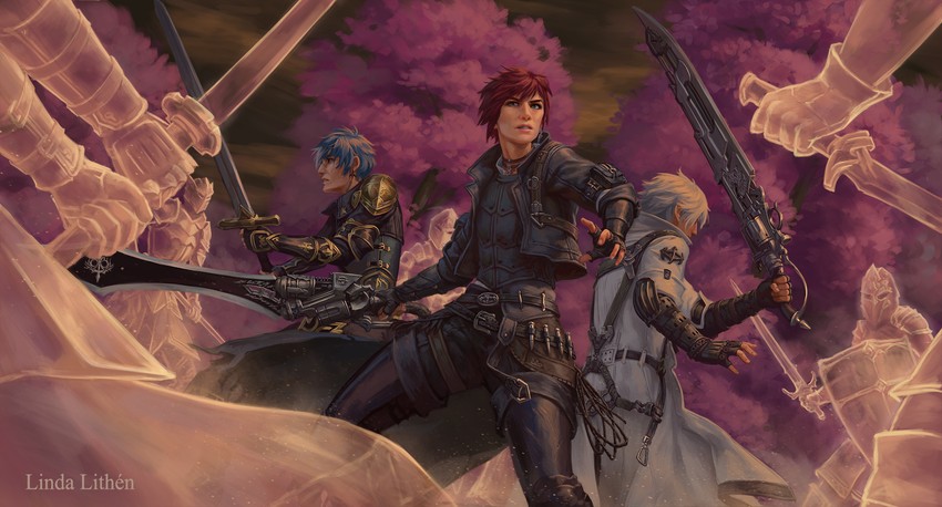thancred waters, gunbreaker, and granson (final fantasy and 1 more) drawn by linda_lithen