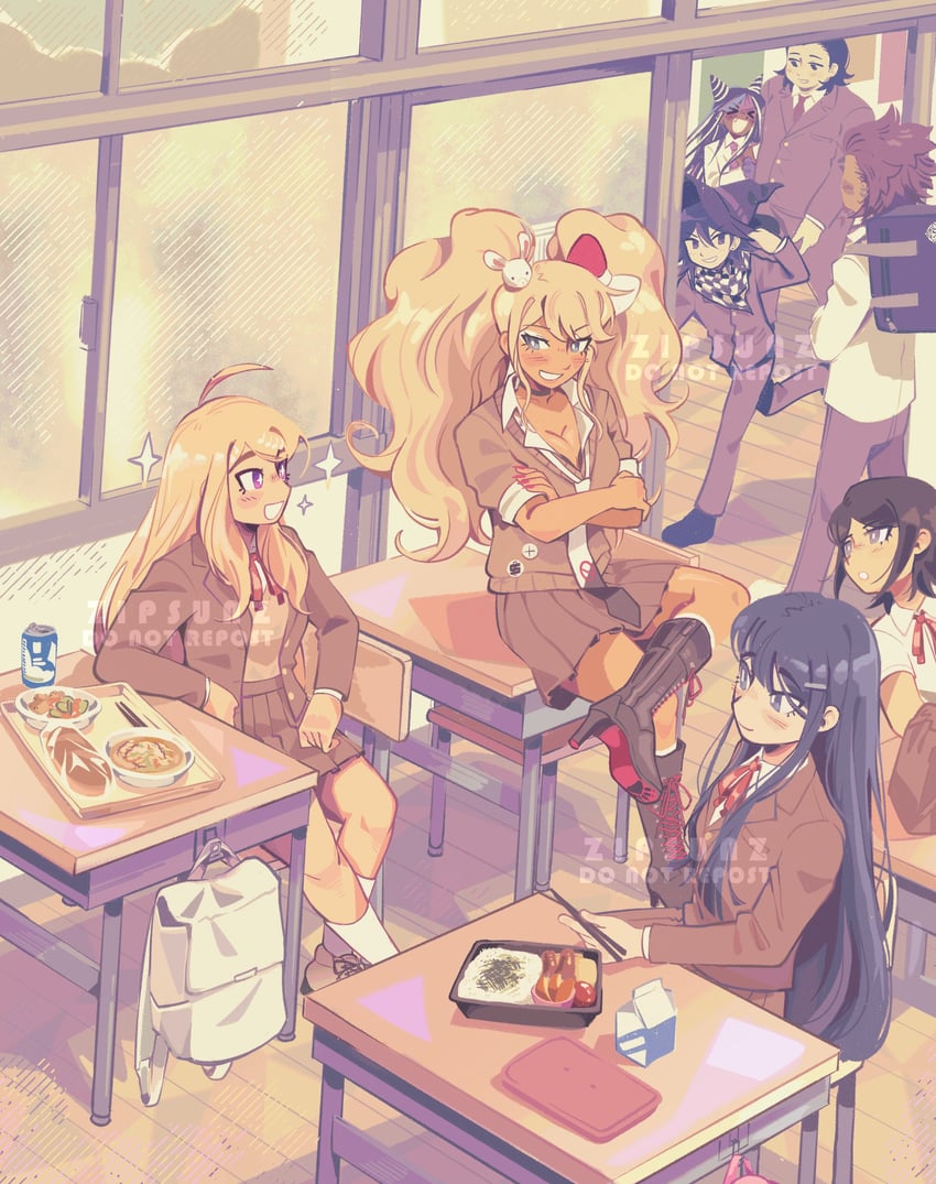 oma kokichi, akamatsu kaede, enoshima junko, maizono sayaka, mioda ibuki, and 3 more (danganronpa and 3 more) drawn by zipsunz