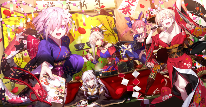 mash kyrielight, tamamo, nero claudius, tamamo no mae, miyamoto musashi, and 1 more (fate and 1 more) drawn by mashima_saki_(mashimasa)