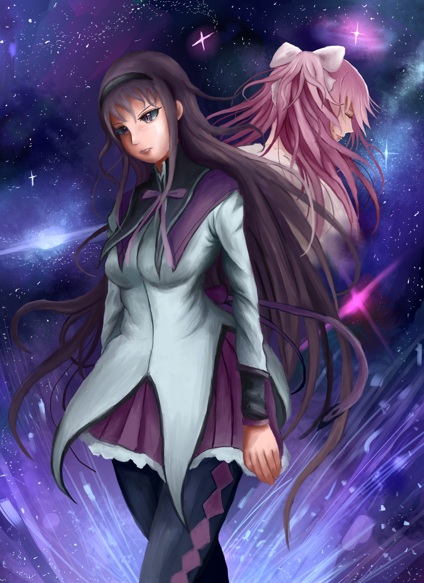akemi homura, kaname madoka, and ultimate madoka (mahou shoujo madoka magica) drawn by sabunoku