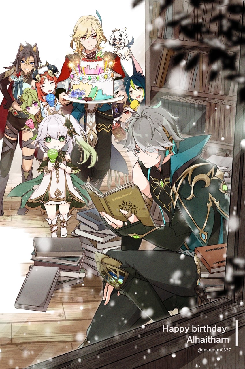 nahida, paimon, nilou, alhaitham, tighnari, and 4 more (genshin impact) drawn by maunam0327
