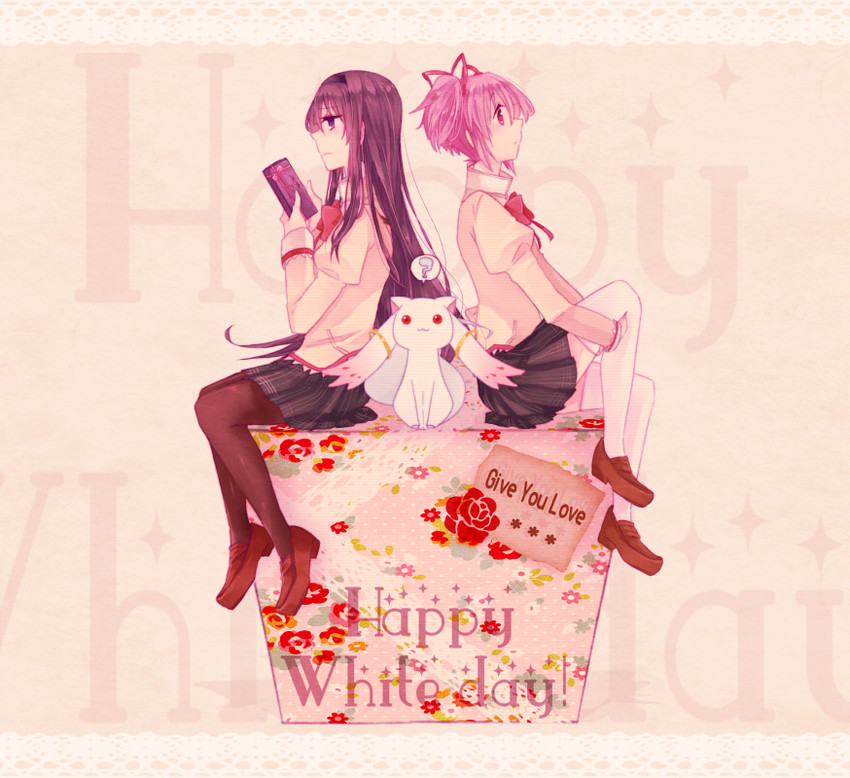akemi homura, kaname madoka, and kyubey (mahou shoujo madoka magica) drawn by mizuki_(flowerlanguage)