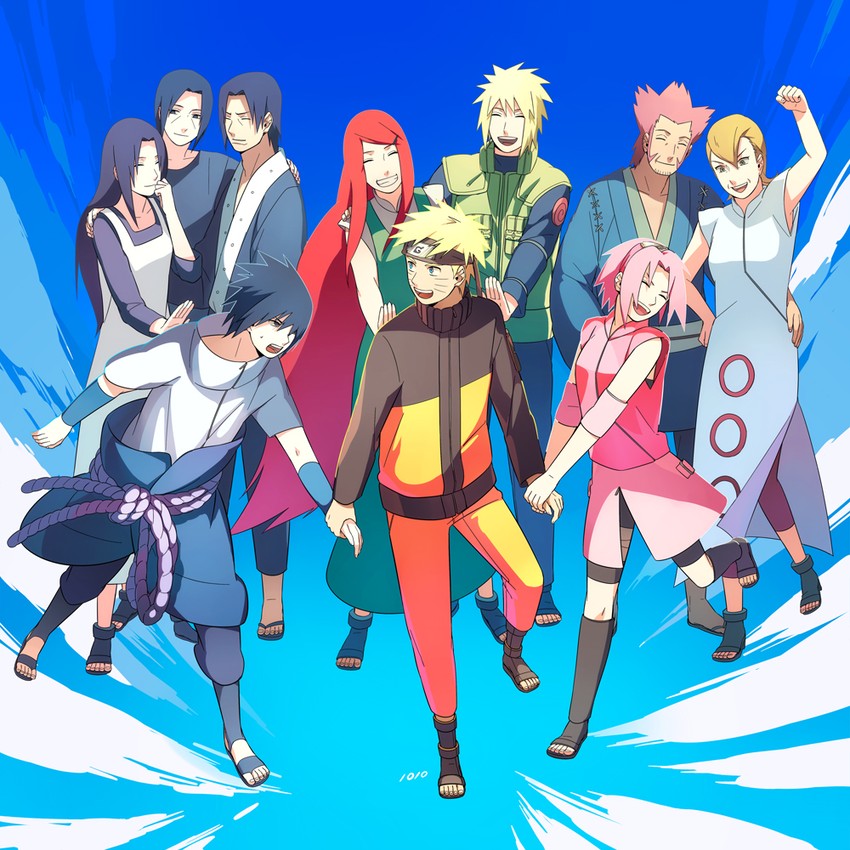 haruno sakura, uzumaki naruto, uchiha sasuke, uchiha itachi, uzumaki kushina, and 5 more (naruto and 1 more) drawn by oba-min