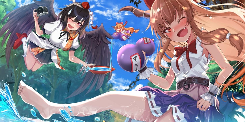 shameimaru aya and ibuki suika (touhou and 1 more) drawn by okutomi_fumi