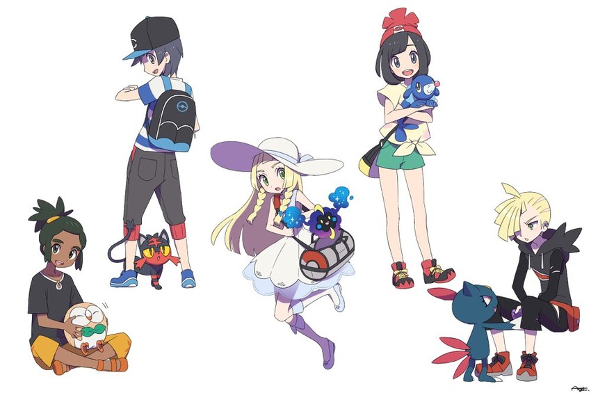 lillie, selene, rowlet, elio, gladion, and 5 more (pokemon and 1 more) drawn by agata_(agatha)