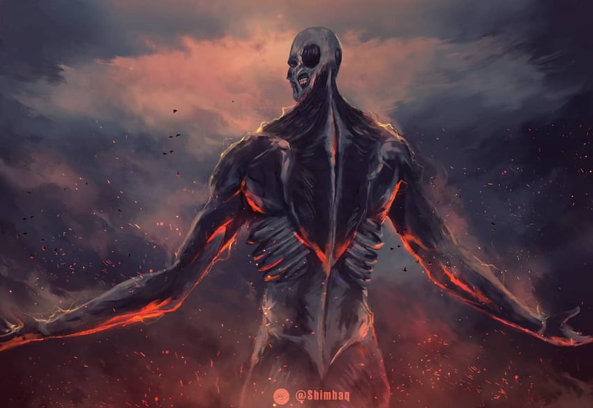 armin arlert, titan, and colossal titan (shingeki no kyojin) drawn by shimhaq