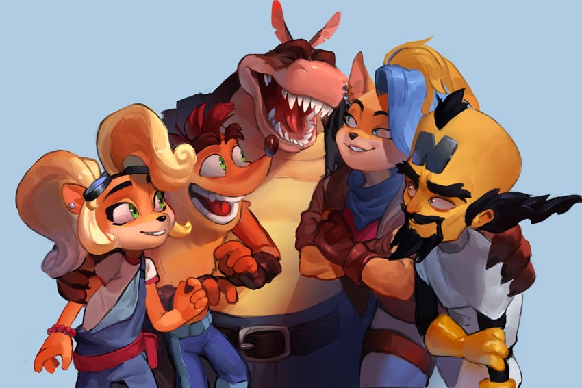 coco bandicoot, crash bandicoot, tawna bandicoot, neo cortex, and dingodile (crash bandicoot and 1 more) drawn by lewalruspires