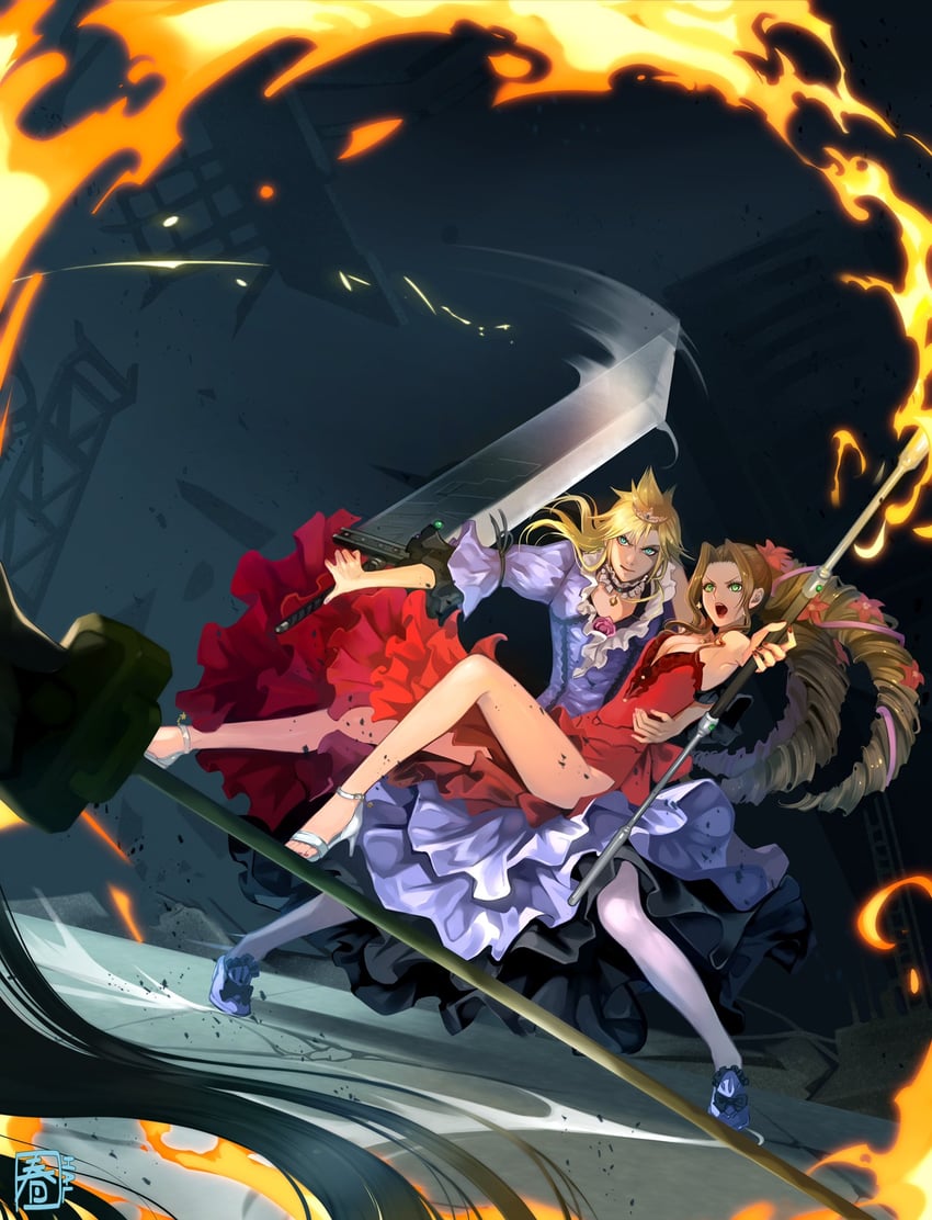 cloud strife, aerith gainsborough, and sephiroth (final fantasy and 2 more) drawn by halu-ca