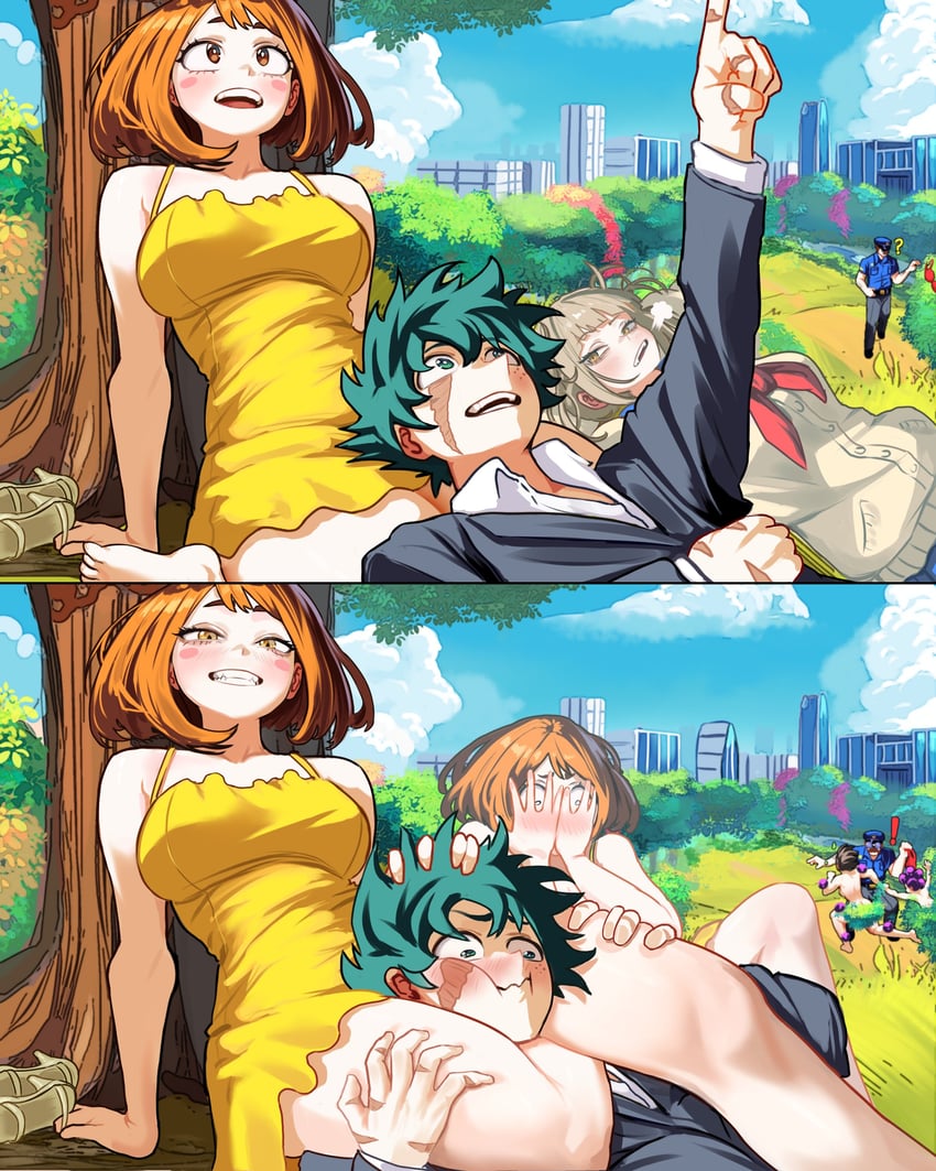 midoriya izuku, uraraka ochaco, toga himiko, yaoyorozu momo, and mineta minoru (boku no hero academia) drawn by vlizz