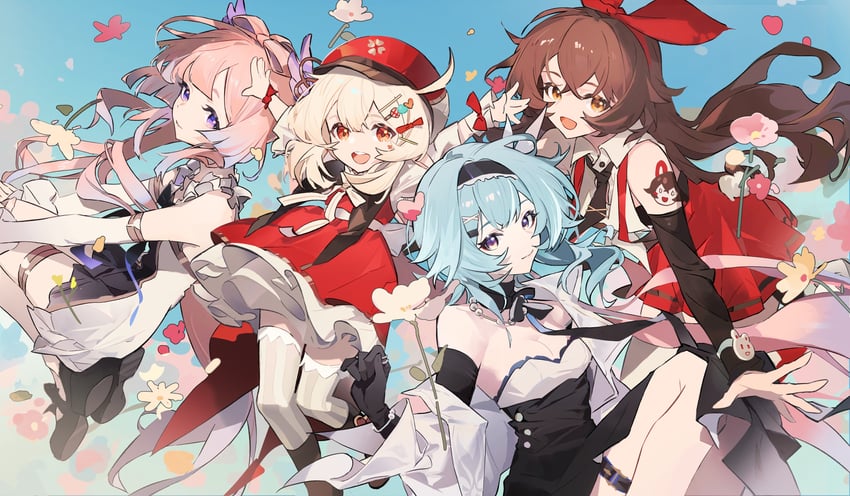 klee, eula, sangonomiya kokomi, amber, and baron bunny (genshin impact) drawn by shiliudoudou568