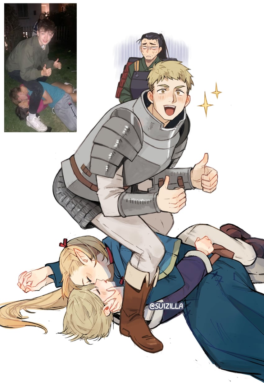 marcille donato, falin touden, laios touden, and shurou (dungeon meshi) drawn by sui_(suizilla)