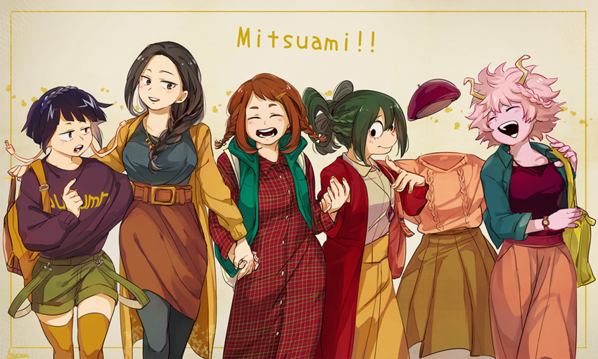 uraraka ochaco, asui tsuyu, yaoyorozu momo, ashido mina, jiro kyoka, and 1 more (boku no hero academia) drawn by anezu
