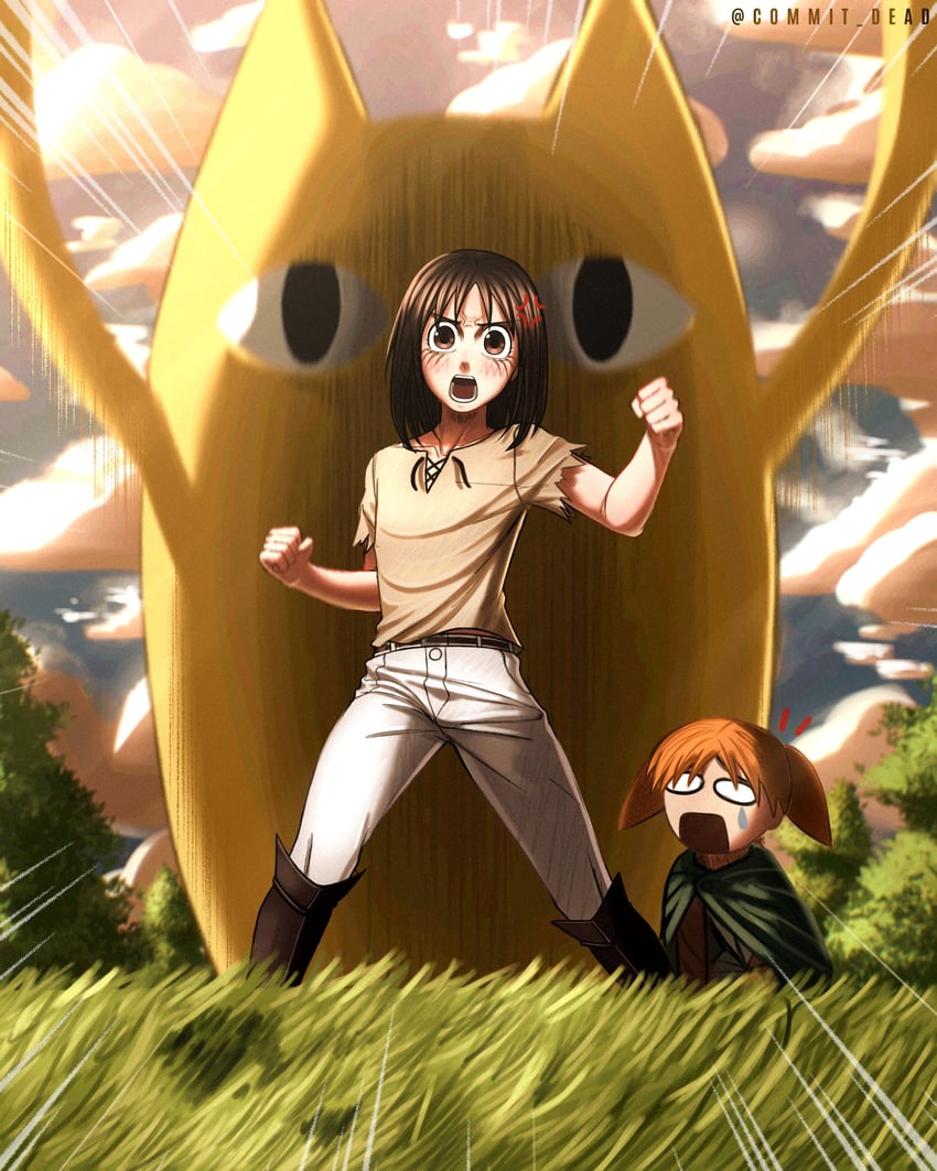 kasuga ayumu, mihama chiyo, and mihama chiyo's father (shingeki no kyojin and 1 more) drawn by commit_dead