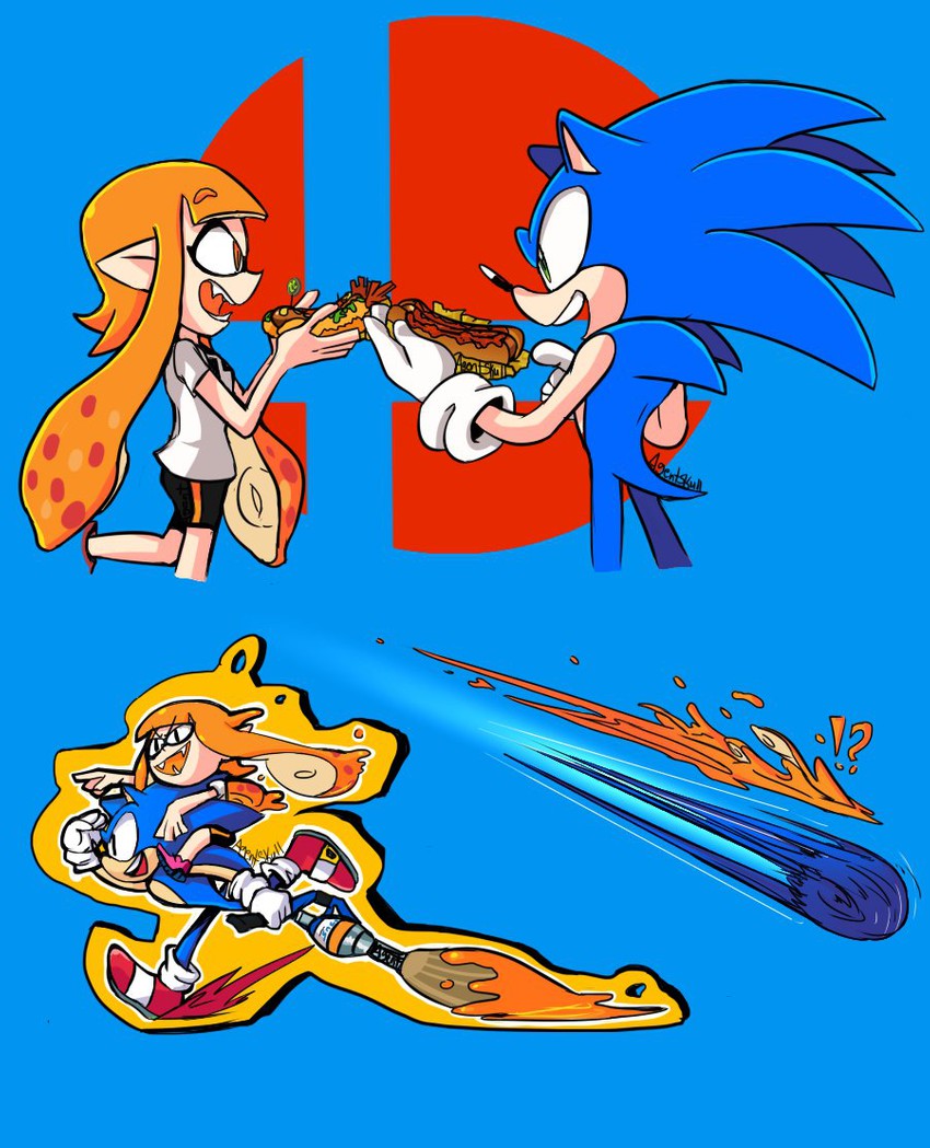 inkling player character, inkling girl, sonic the hedgehog, and kaori (splatoon and 3 more) drawn by agentskull72