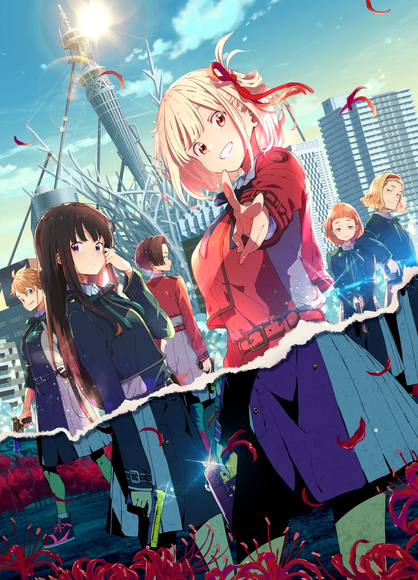 nishikigi chisato, inoue takina, harukawa fuki, otome sakura, janome erika, and 1 more (lycoris recoil) drawn by imigimuru