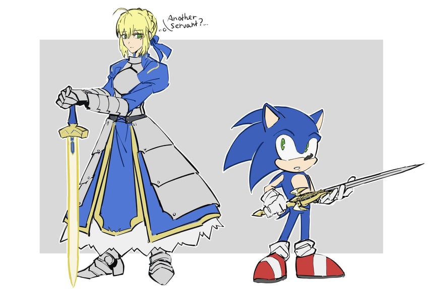 artoria pendragon, sonic the hedgehog, and caliburn (fate and 3 more) drawn by murkablyad