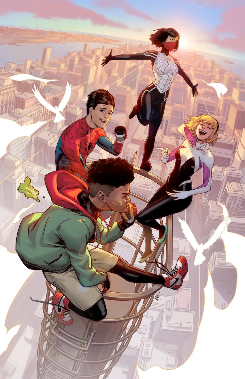 spider-man, spider-gwen, gwen stacy, peter parker, miles morales, and 1 more (marvel and 1 more) drawn by ejikure