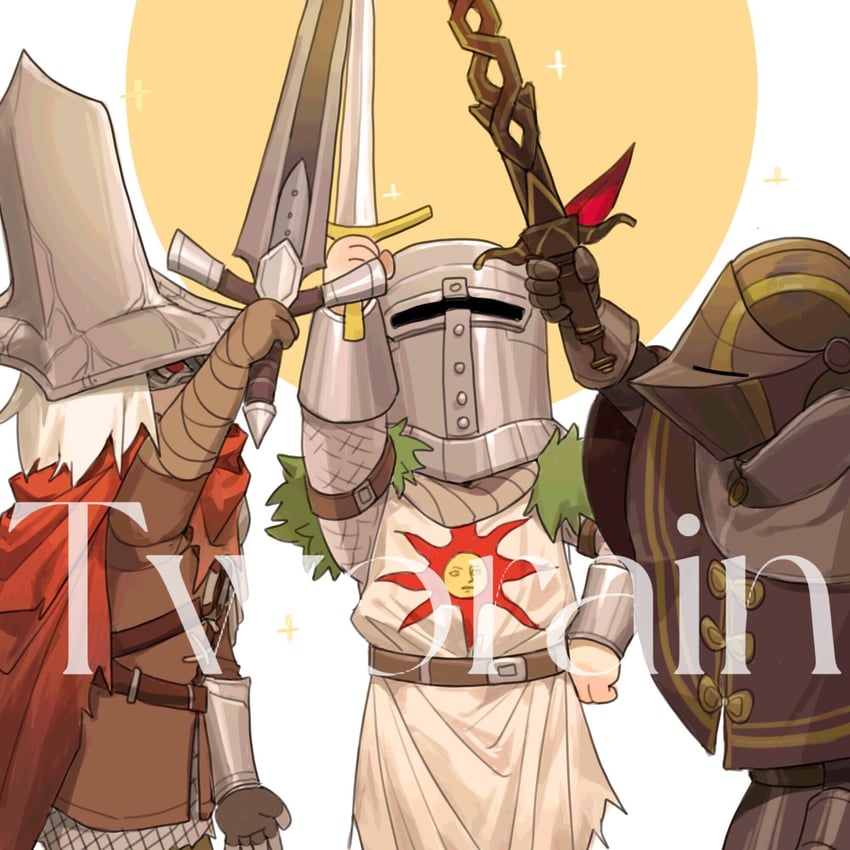 solaire of astora, abyss watcher, and sir vilhelm (dark souls and 2 more) drawn by tworain_w