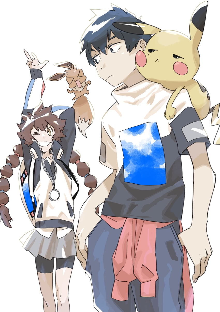 pikachu, eevee, gotcha! girl, and gotcha! boy (pokemon and 1 more) drawn by donnpati