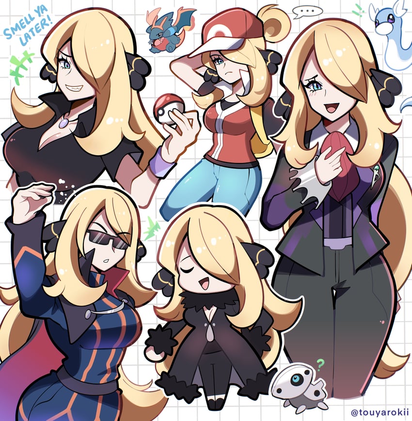 cynthia, red, blue oak, charizard, steven stone, and 4 more (pokemon and 4 more) drawn by touyarokii