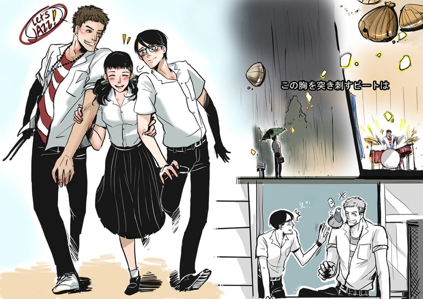 kawabuchi sentarou, nishimi kaoru, and mukae ritsuko (sakamichi no apollon) drawn by applepie1989