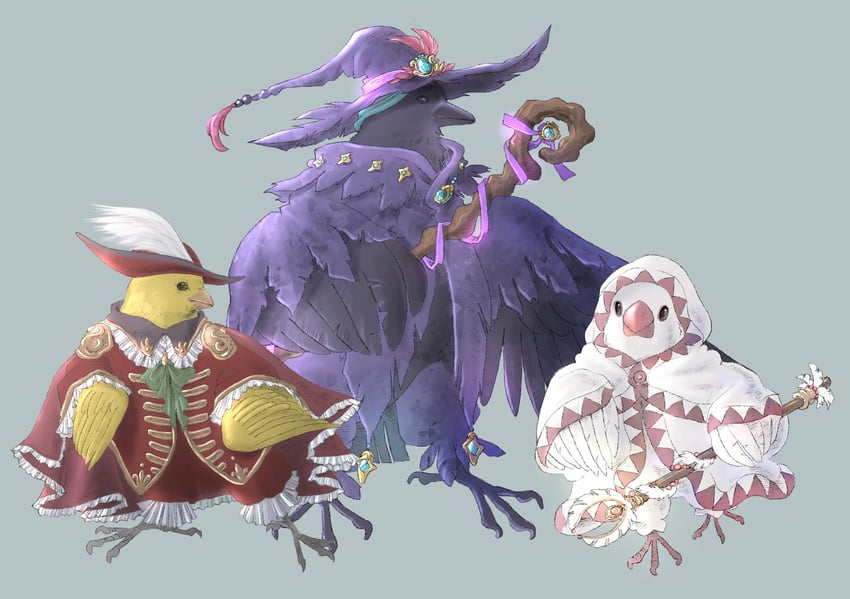 white mage, black mage, and red mage (final fantasy) drawn by piyoco