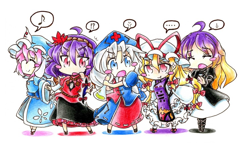 yakumo yukari, saigyouji yuyuko, hijiri byakuren, yasaka kanako, and yagokoro eirin (touhou) drawn by gokuu_(acoloredpencil)