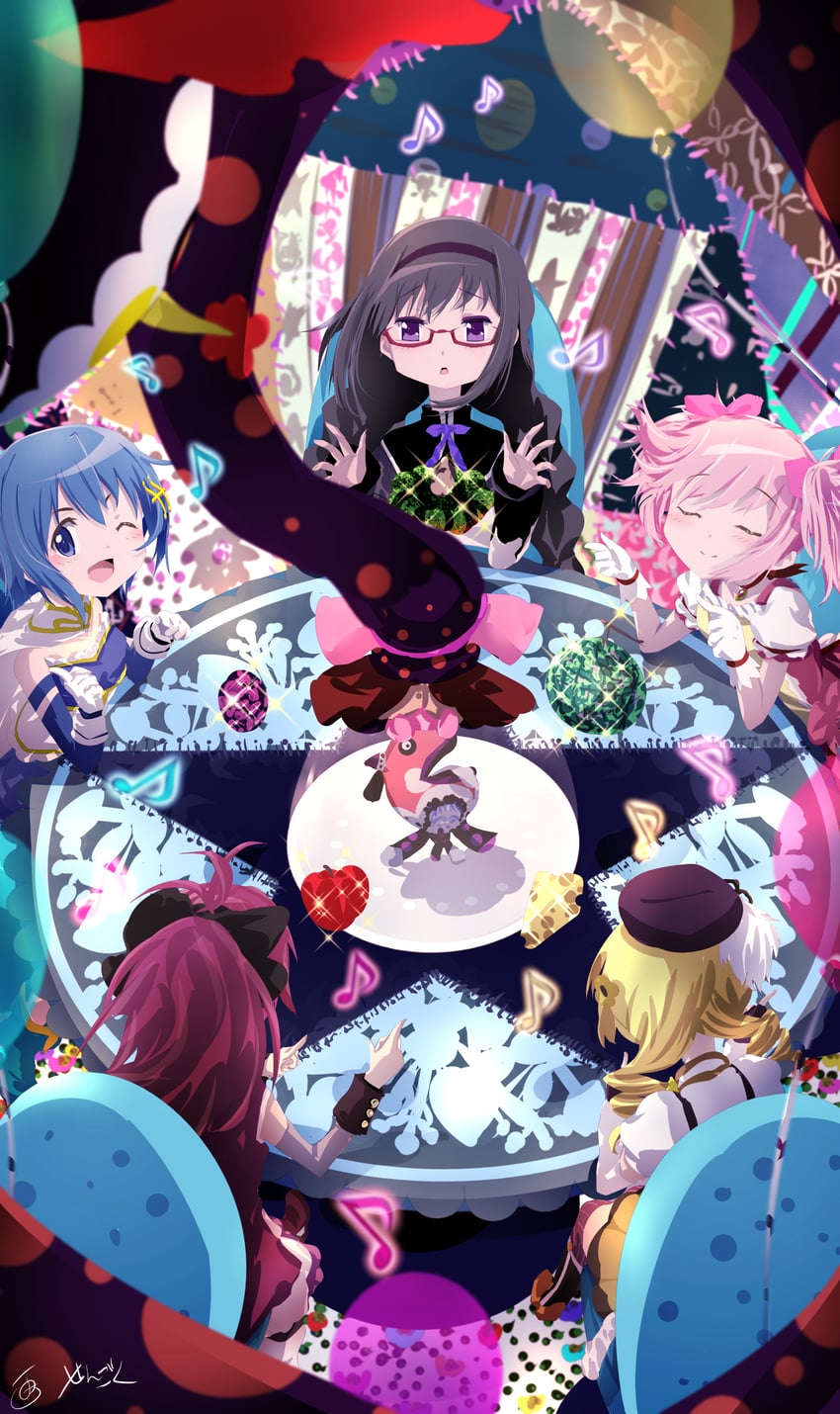 akemi homura, kaname madoka, miki sayaka, sakura kyoko, tomoe mami, and 1 more (mahou shoujo madoka magica and 1 more) drawn by sengoku_chidori