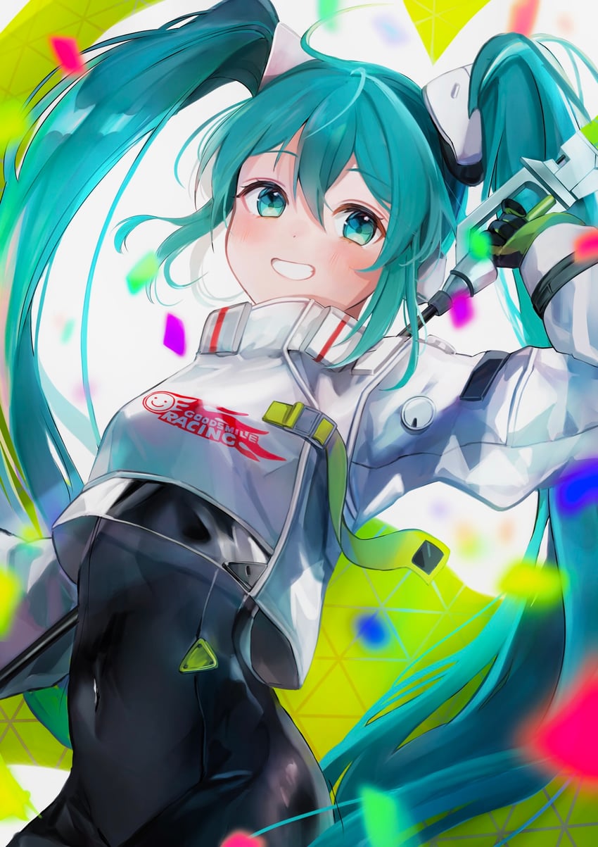hatsune miku and racing miku (vocaloid and 1 more) drawn by rachip