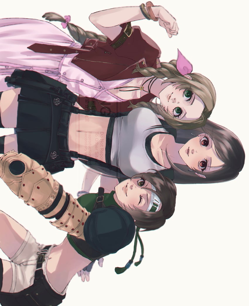 tifa lockhart, aerith gainsborough, and yuffie kisaragi (final fantasy and 3 more) drawn by yknk_rin