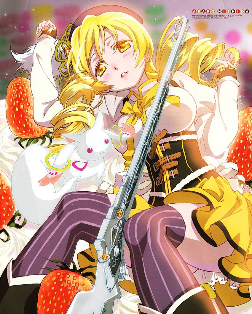 tomoe mami and kyubey (mahou shoujo madoka magica) drawn by nishida_asako