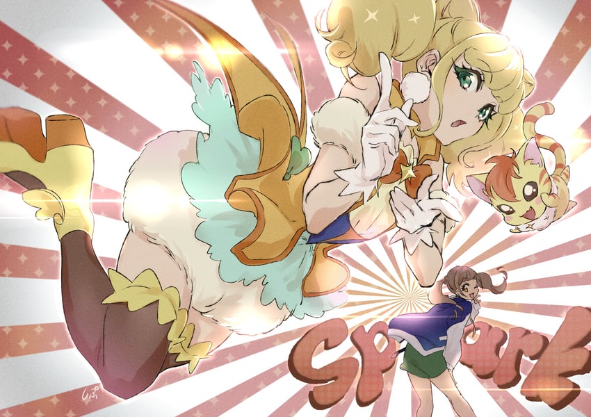 hiramitsu hinata, cure sparkle, and nyatoran (precure and 1 more) drawn by shipu_(gassyumaron)