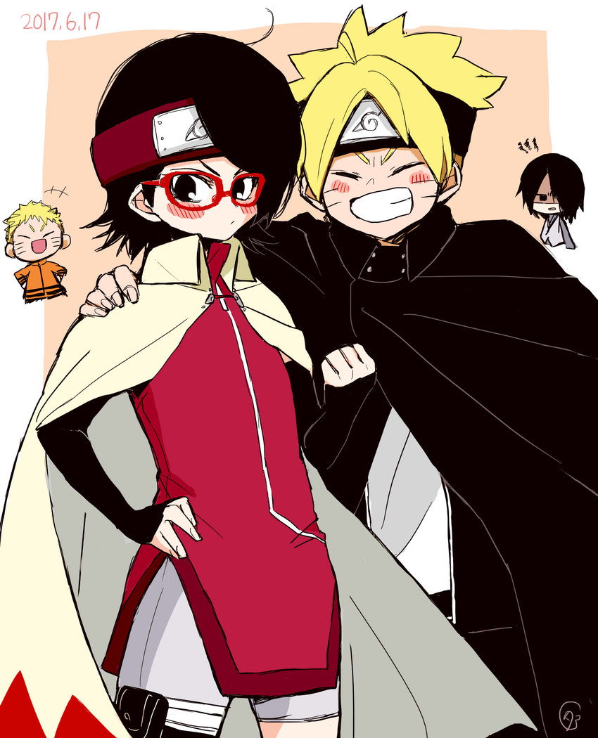 uzumaki naruto, uchiha sasuke, uchiha sarada, and uzumaki boruto (naruto) drawn by tama-chan_(momomomijisakura)
