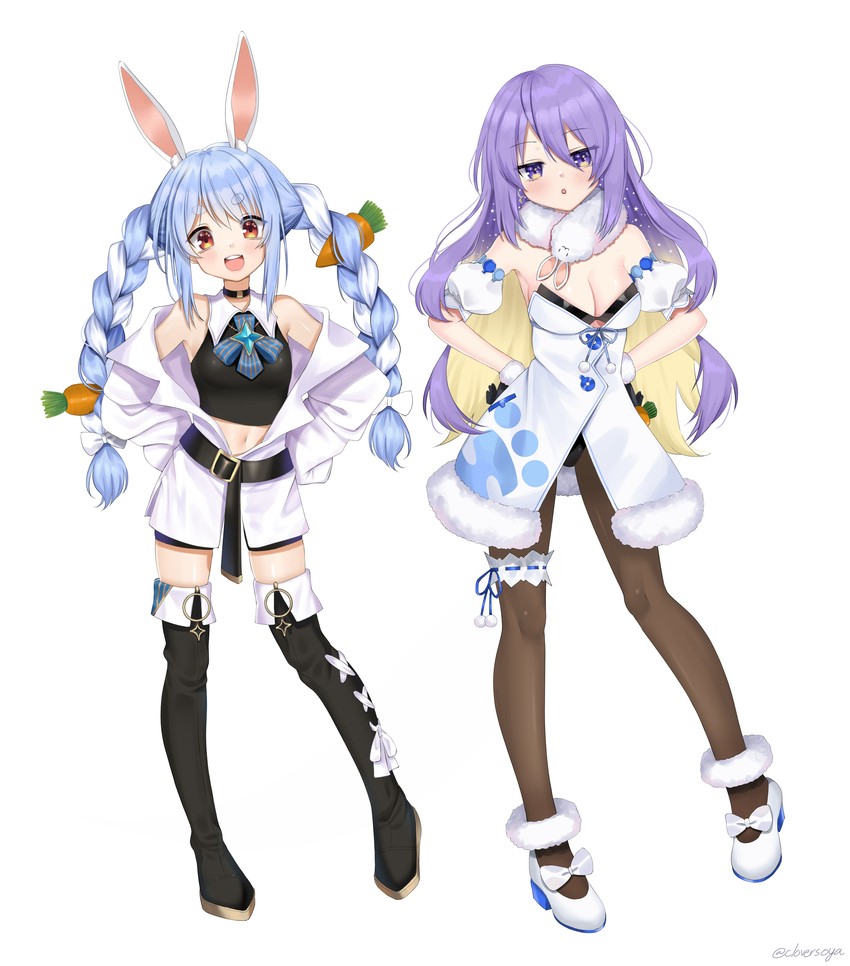 usada pekora, don-chan, and moona hoshinova (hololive and 1 more) drawn by clover_(cloversoya)