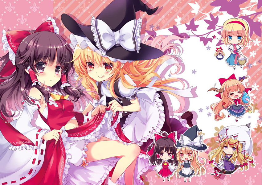 hakurei reimu, kirisame marisa, alice margatroid, yakumo yukari, ibuki suika, and 1 more (touhou) drawn by mitsukura_chikage