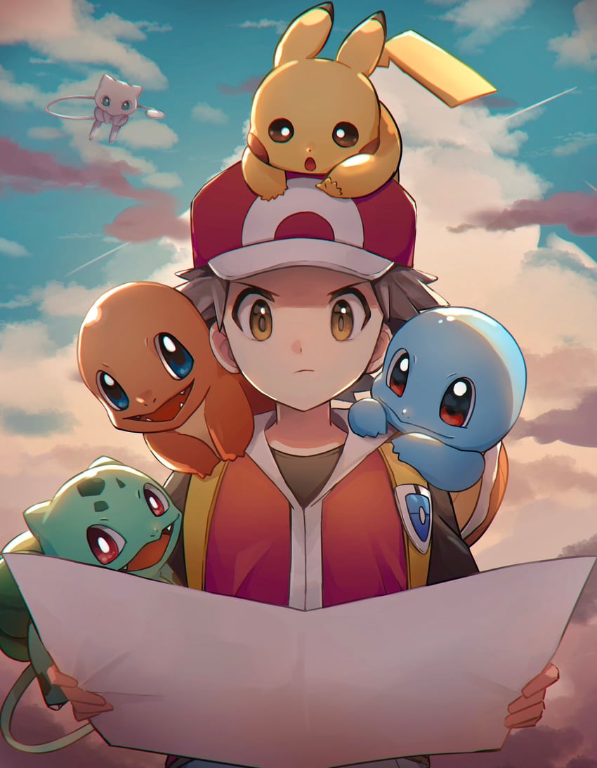pikachu, red, bulbasaur, squirtle, charmander, and 1 more (pokemon and 1 more) drawn by mukomaru