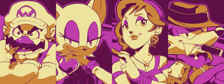 rouge the bat, wario, captain syrup, and fang the sniper (mario and 5 more) drawn by joeadok