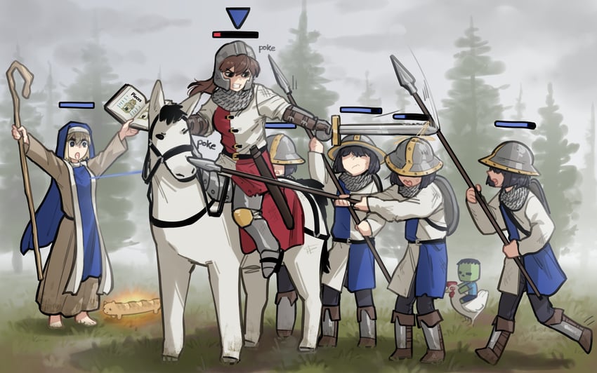 cat baguette, spearman, chicken jockey, monk, and knight (minecraft and 2 more) drawn by popopoka
