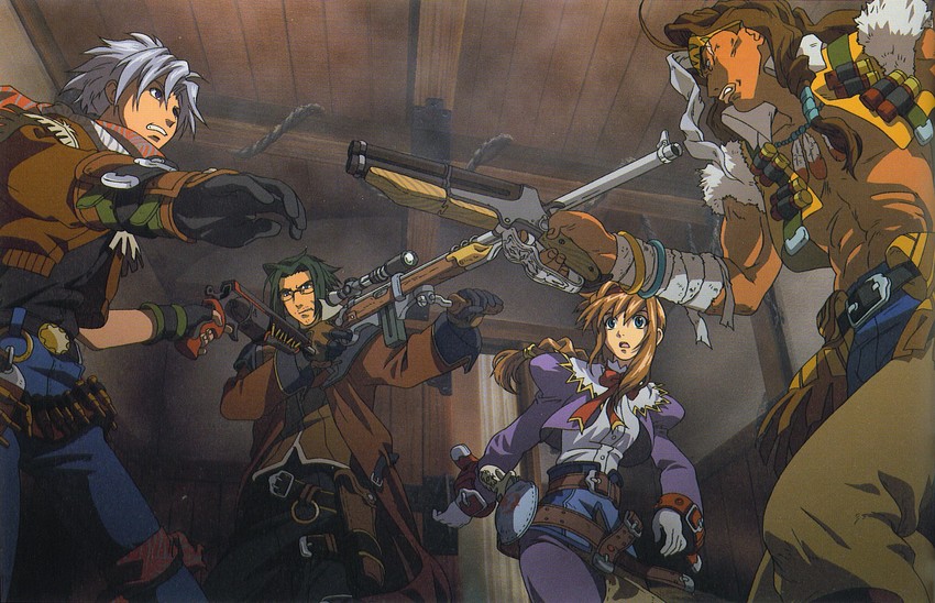 virginia maxwell, jet enduro, gallows carradine, and clive winslett (wild arms and 1 more) drawn by ooba_wakako