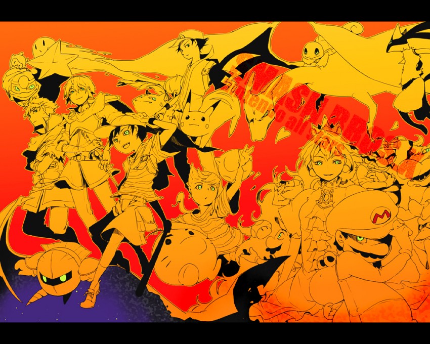 pikachu, kirby, princess peach, red, mario, and 18 more (pokemon and 12 more) drawn by harukawa_sango