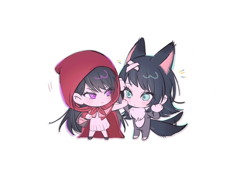 shiina taki, yahata umiri, little red riding hood, and big bad wolf (bang dream! and 2 more) drawn by m_omoo