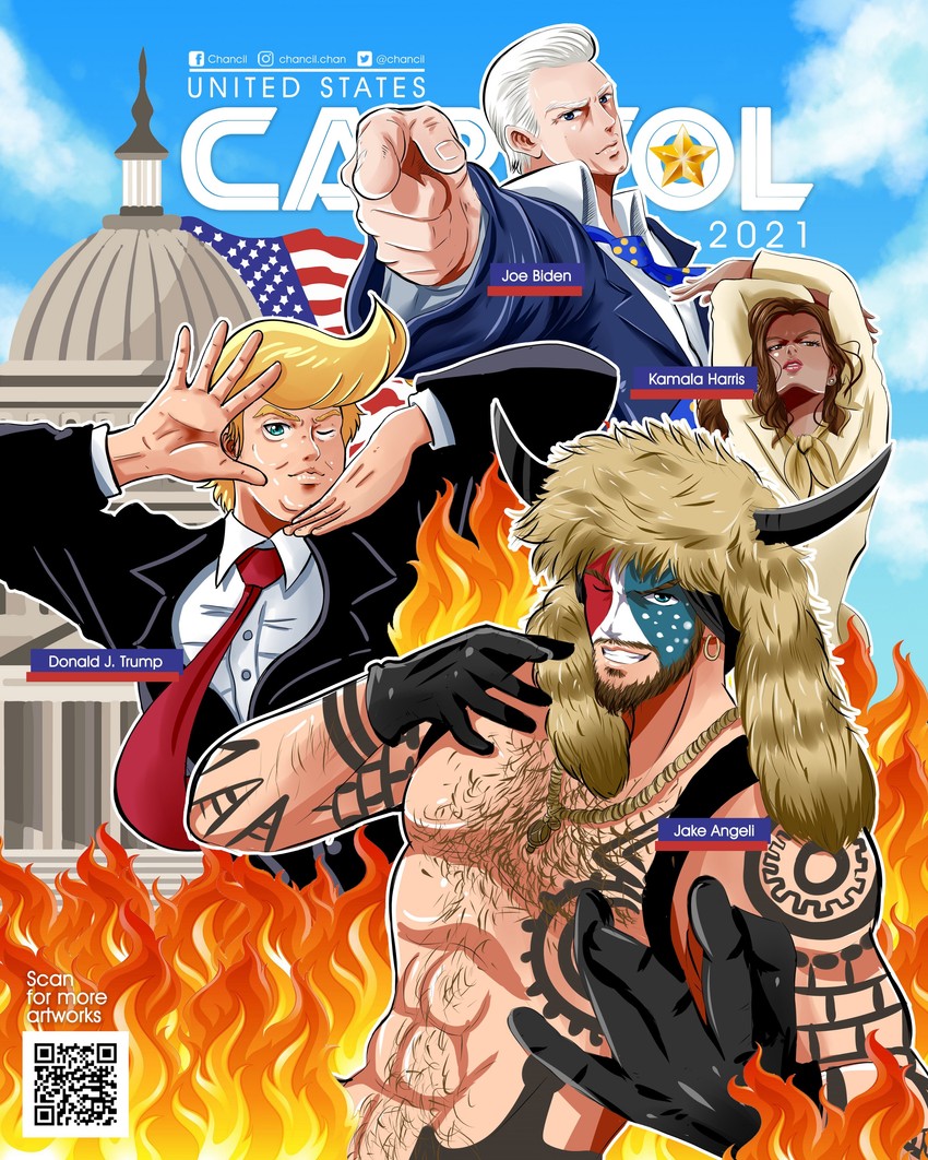 donald trump, joe biden, kamala harris, and jake angeli (jojo no kimyou na bouken and 2 more) drawn by chancil