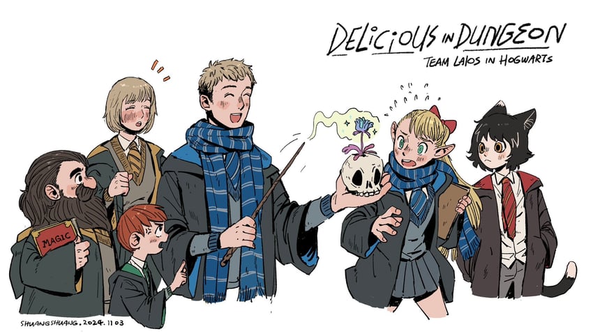 marcille donato, falin touden, laios touden, senshi, chilchuck tims, and 1 more (dungeon meshi and 2 more) drawn by shuangshuanghao