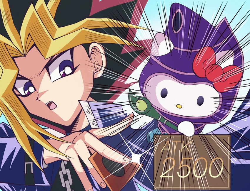 hello kitty, yami yugi, and dark magician (yu-gi-oh! and 3 more) drawn by ghost_ygo