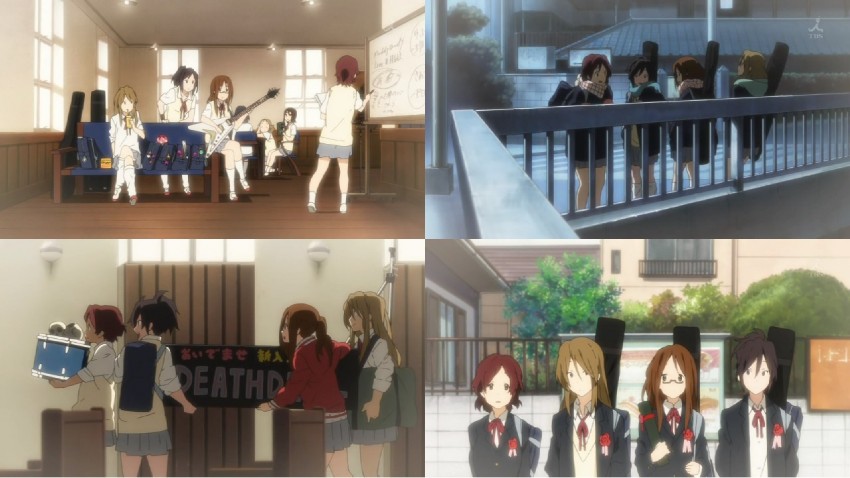yamanaka sawako, kawaguchi norimi, mihoko, death devil drummer, and death devil bassist (k-on!)