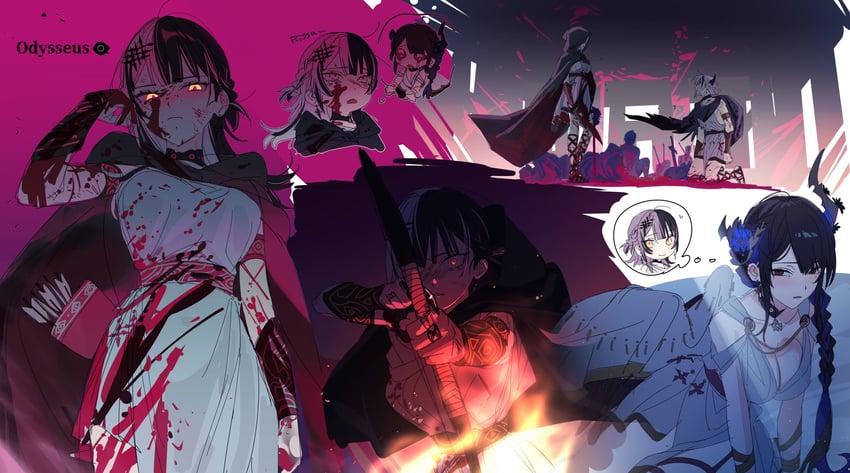 shiori novella, nerissa ravencroft, odysseus, and penelope (hololive and 3 more) drawn by yomosaka
