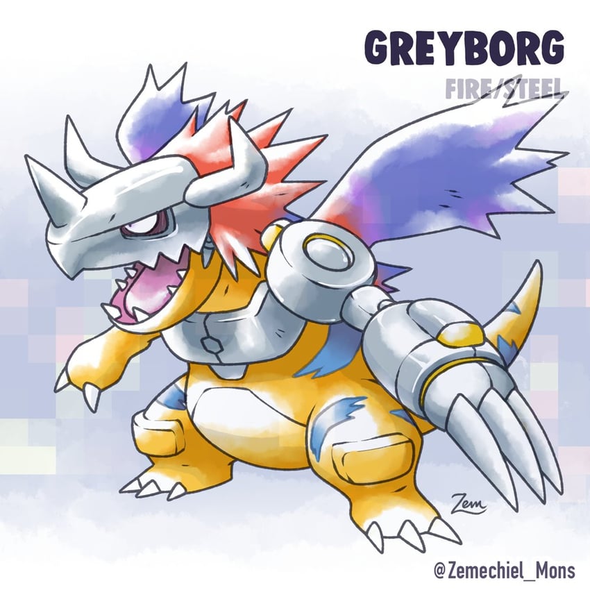 metalgreymon (pokemon and 1 more) drawn by zemechiel_mons