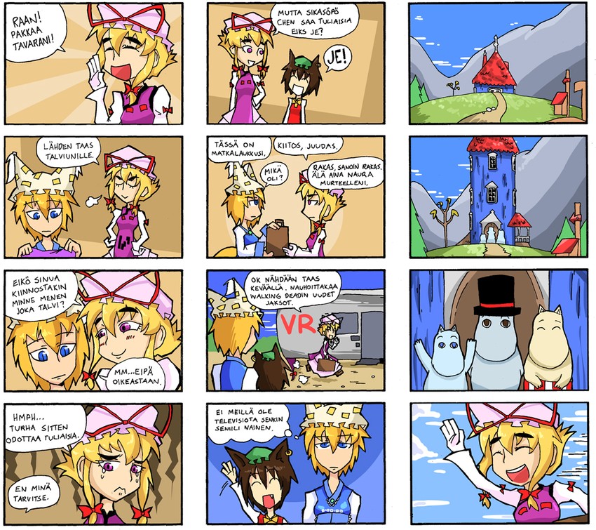 yakumo yukari, yakumo ran, chen, moomintroll, moominpappa, and 1 more (touhou and 2 more) drawn by setz