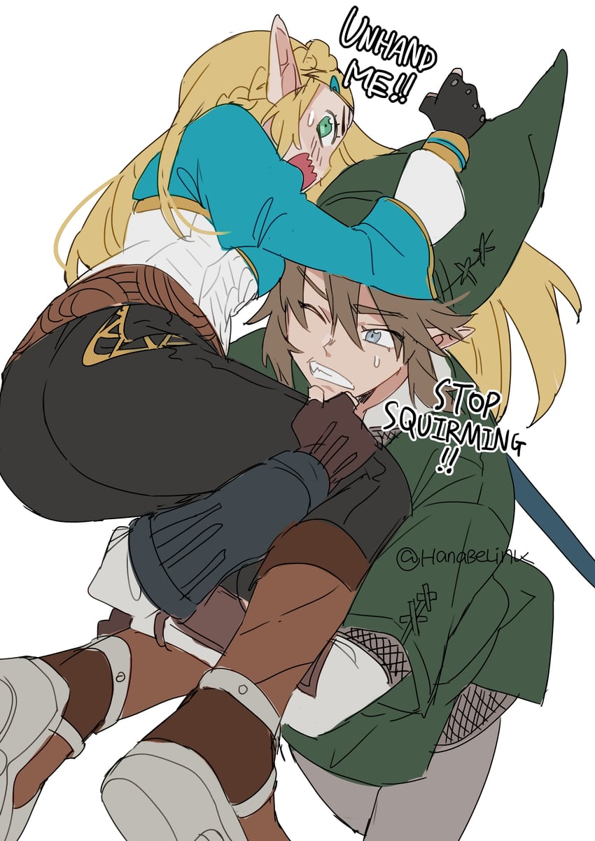 link and princess zelda (the legend of zelda and 2 more) drawn by hanaberin